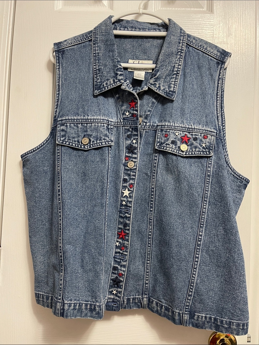 Women's Sleeveless Denim Vest with Red & White Star Accents -